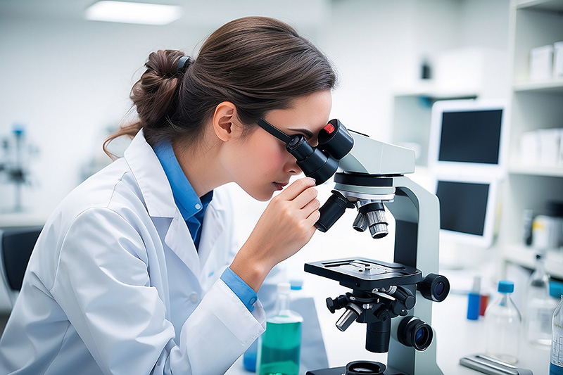 Young scientist looking through a microscope in a laboratory